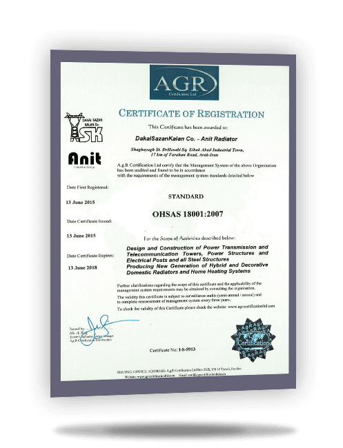 AGR ISO 18001 certificate for Anit decorative radiators